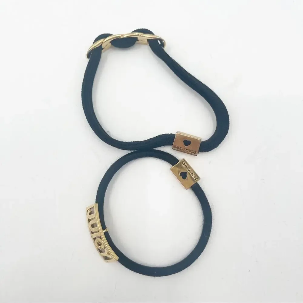 JUICY COUTURE Hair Ties Set of 2 Y2K 2000s Gold Black Logo Elastic Bands *FLAWS